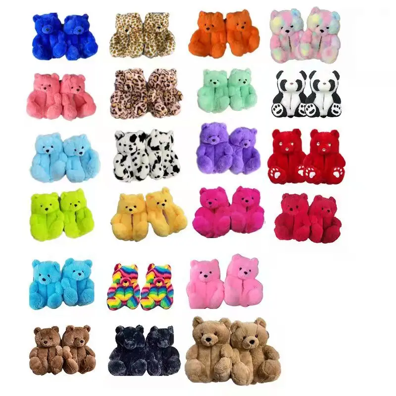 

Fashion Big Size Women Home Indoor Soft anti-slip Faux Fur Cute Slippers Winter Warm Shoes Cartoon Plush Teddy Bear Slippers