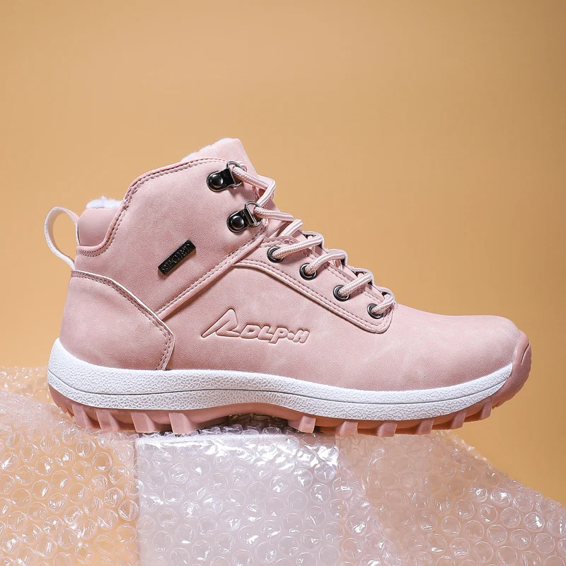 Women Winter Hiking Boots Waterproof Ankle Boots Keep Warm Leather Shoes Female Outdoor Trekking Boots Big Size 35-42 Pink Shoes