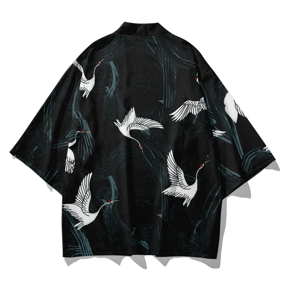 

New Japanese Kimono Traditional Men Samurai Kimonos Streetwear Cardigan Japan Black Crane Print Harajuku Robe Clothes