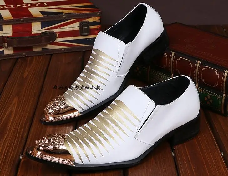 

High top Formal Business Men shoes Pointed Toes Genuine Leather Metal Dress Shoes Slip on wedding shoes for men
