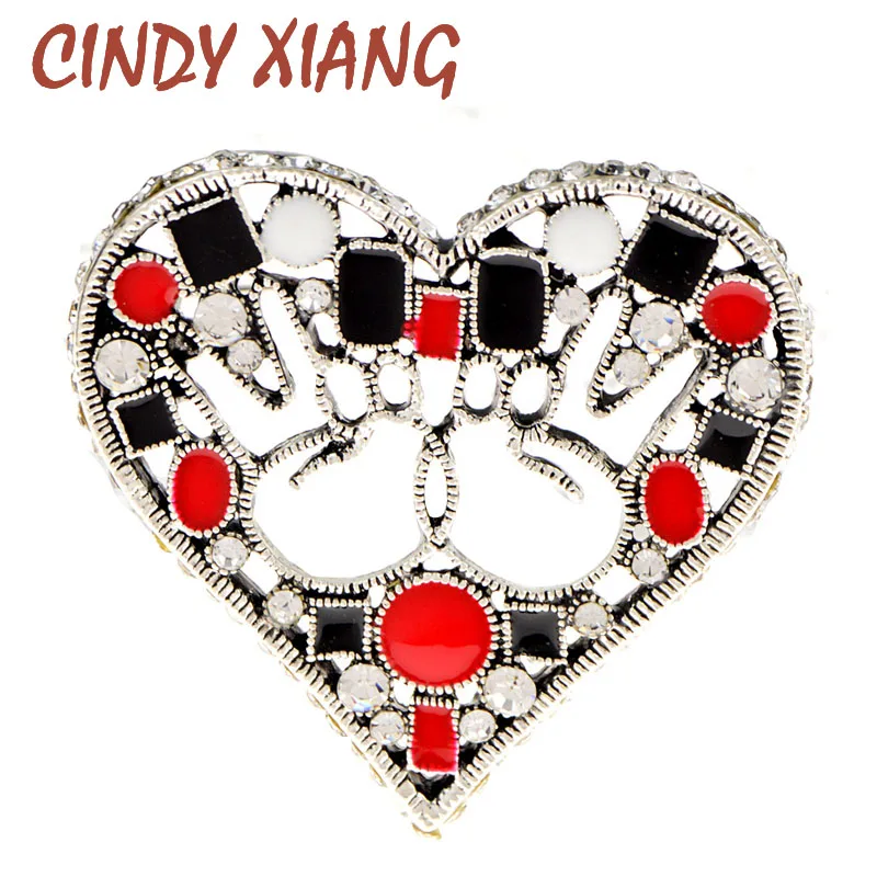 

CINDY XIANG New Enamel Red Black White Hollow Heart Shape Brooch Pins for Women Girls Rhinestone Brooches Jewelry Accesseries