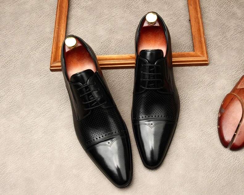 

Mens Oxford Real Cowhide Leather Italian Design Fashion Luxury Brand Black Office Formal Pointed Cap Toe Men Dress Wedding Shoes