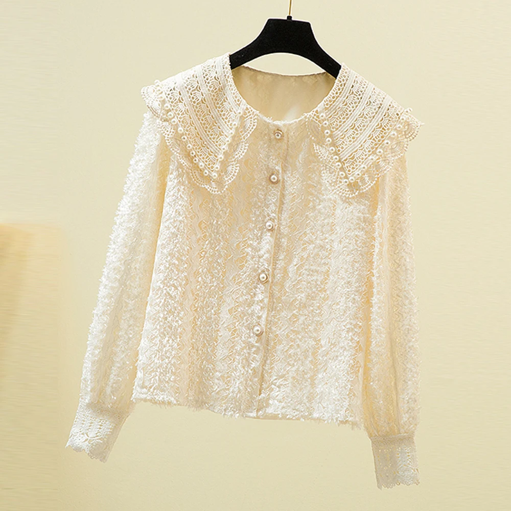 

Plus Size Tops Fashion Women Blouses Elegant Beaded Doll Collar Lace Blouse Office Long Sleeve Shirts Female Casual Clothes 2021