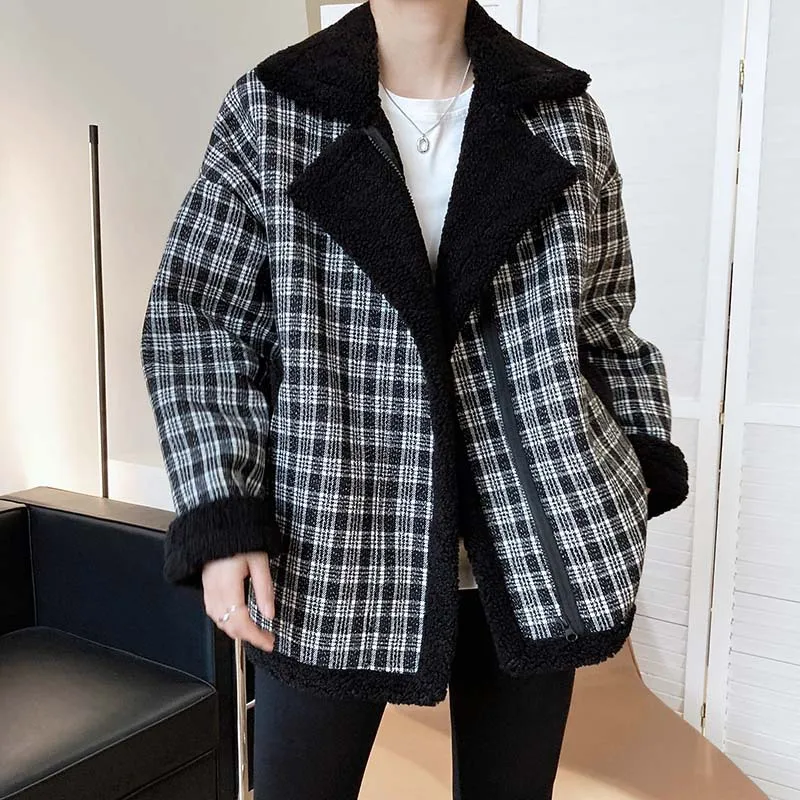 

2020 New Faux Lamb Wool Fashion Black And White Plaid Coat Women Unisex Autumn And Winter Loose Thick Warm Short Jacket