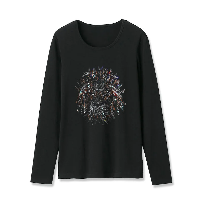 2022 Spring New Fashion Long sleeve T-shirt women personality lion pattern Hot diamonds Loose Casual Europe o-neck tops female