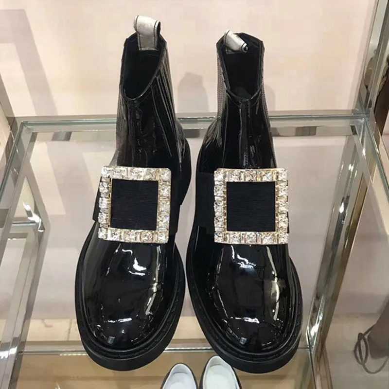 Женские черные ботинки из лакированной кожи на квадратном каблуке мотоциклетные