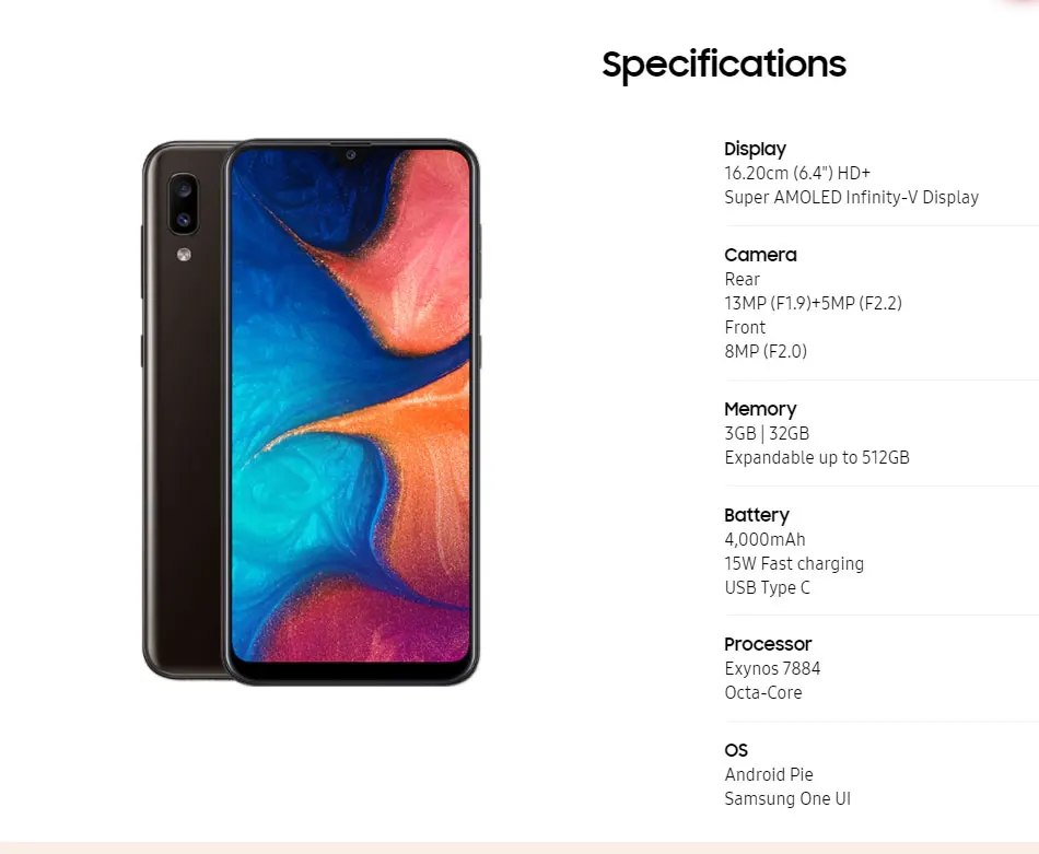 Мобильный телефон samsung Galaxy A20 A205GN/DS, 6,4 дюймов, 3 ГБ ОЗУ, 32 Гб ПЗУ, восьмиядерный смартфон Exynos 7884, Android 9, две sim-карты, 4G