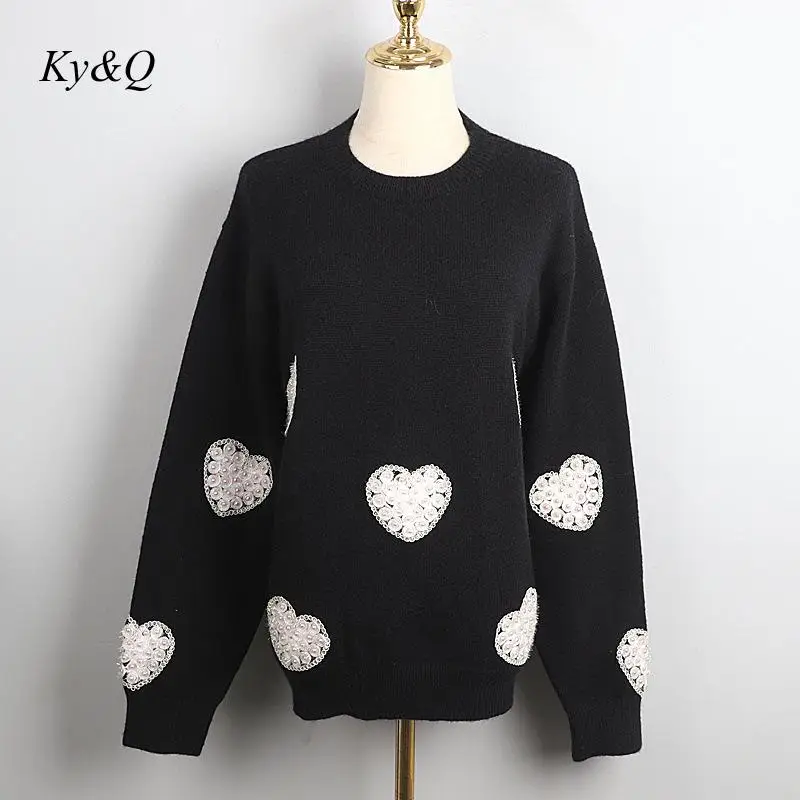 Женский свитер с бусинами и жемчугом черный повседневный элегантный пуловер