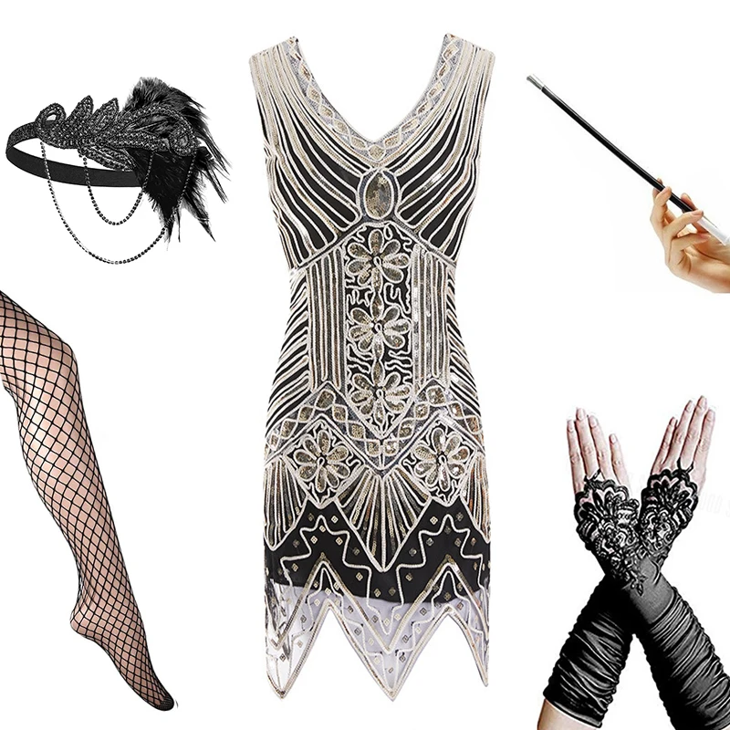 1920s Sequin Vintage Dress Beaded Gatsby Flapper Dress with Accessories Set