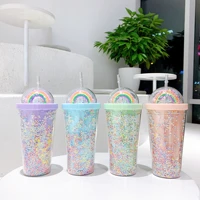 korean plastic cup double layer with straw net red ins water cup girl home office water bottle with straw kawaii cute drinkware
