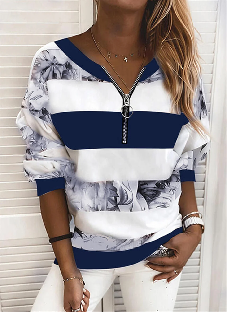 

Blouse Women Shirt Office Work 2020 Spring Summer Blouses Striped Floral Long Sleeve Blouse Stitching Zip Shirt Elegant Blusas