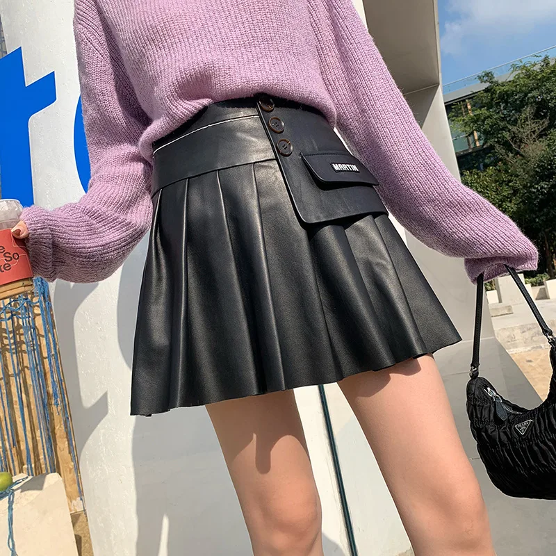 2021 spring and autumn new sheepskin leather skirt slim high waist A-line pleated skirt fashion umbrella skirt women.