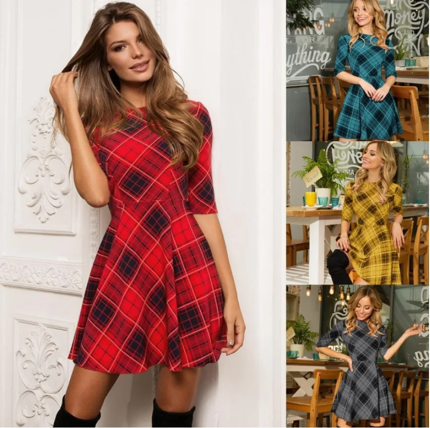 

Women's Dress 2021 Spring/summer European American New Women Plaid Printed Sleeve Dress Sexy Elegant Slim Mini Dresses