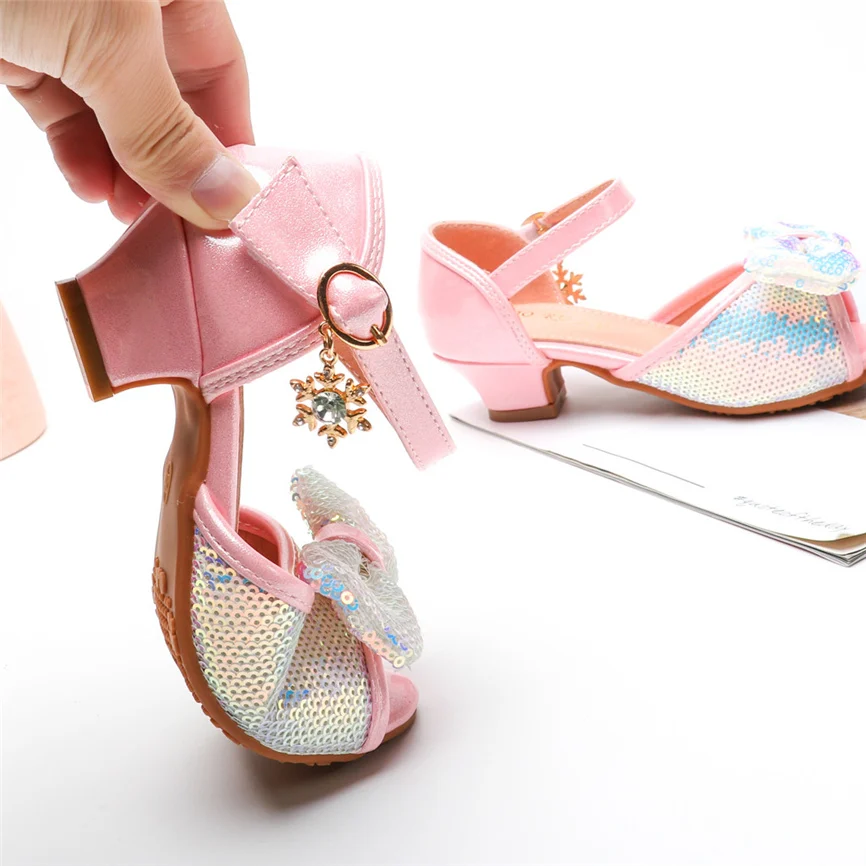 Детская обувь для девочек на высоком каблуке Детские блестящие туфли принцессы с