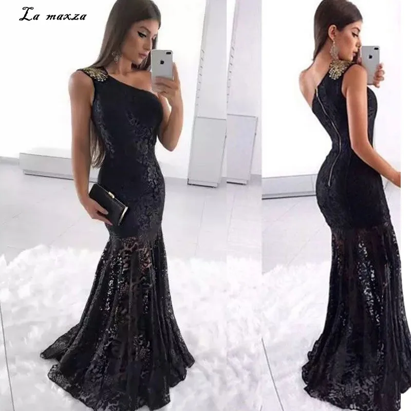 

Sexy Hollow Out Women Slim Maxi Dress 2020 Fashion Party Night One Shoulder Women Black Dress