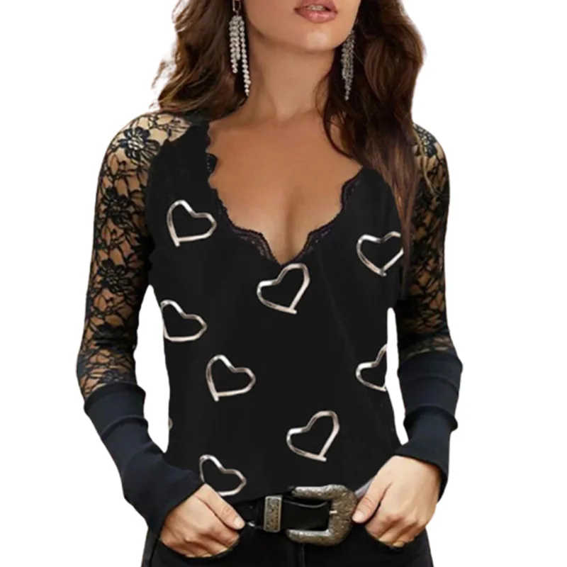 Женская кружевная блузка с длинным рукавом и V-образным вырезом