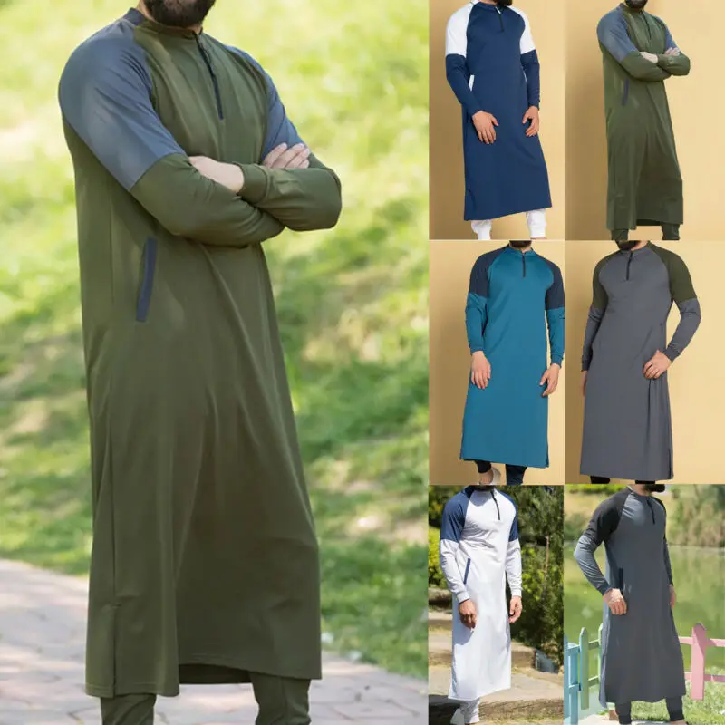 White Men Dubai Thobe Islamic Muslim Clothing Qatar Robe Kaftan Maxi Dress US | Мужская одежда