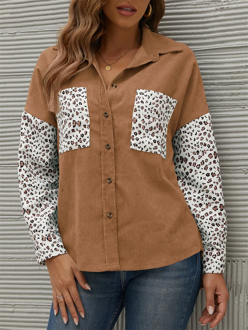 

hirigin Long Sleeve Loose Shirts Autumn Leopard Print Splicing Lapel Corduroy Blouse Single-breasted Casual Blouses Tops 2021