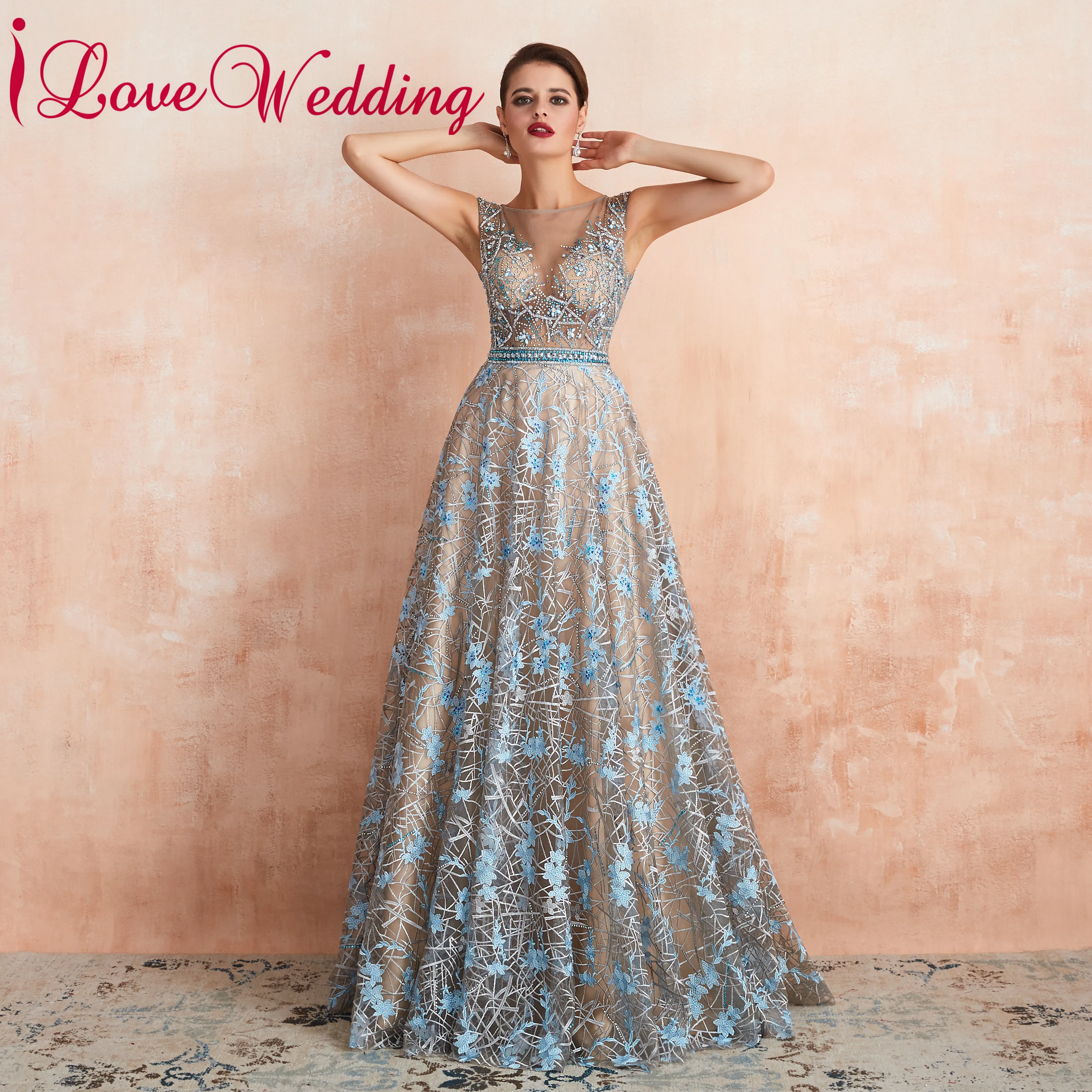ILoveWedding длинное платье ТРАПЕЦИЕВИДНОЕ кружевное торжественное с кристаллами и