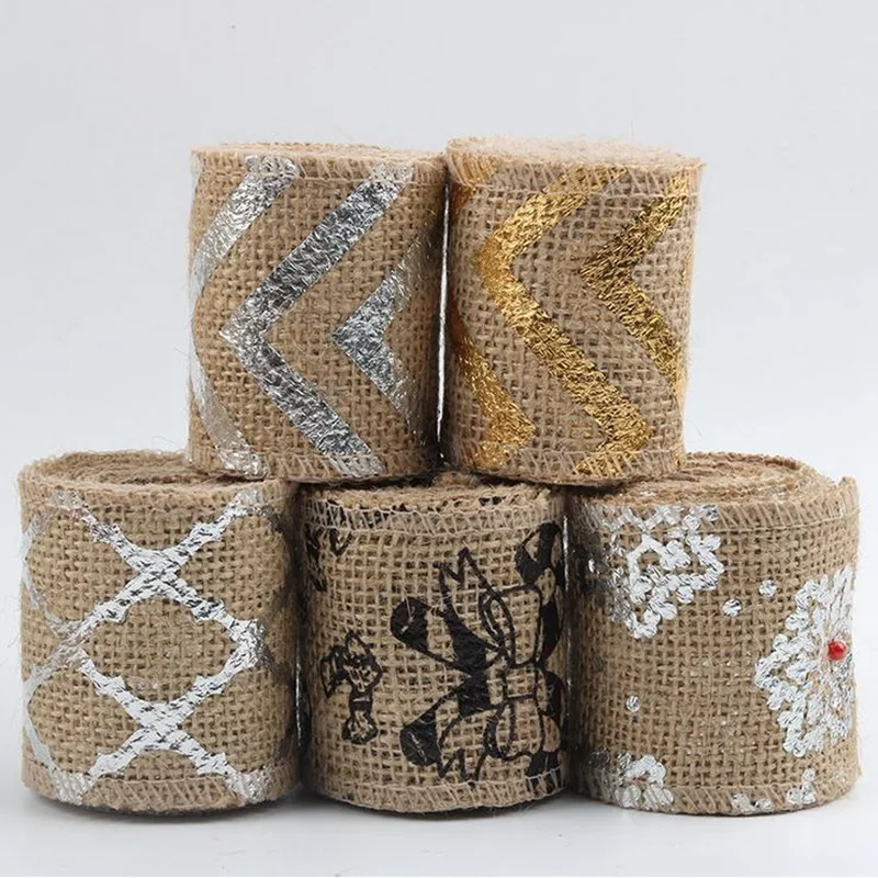 Джутовая лента в полоску с оленем 6*200 см Елочное украшение рождественские