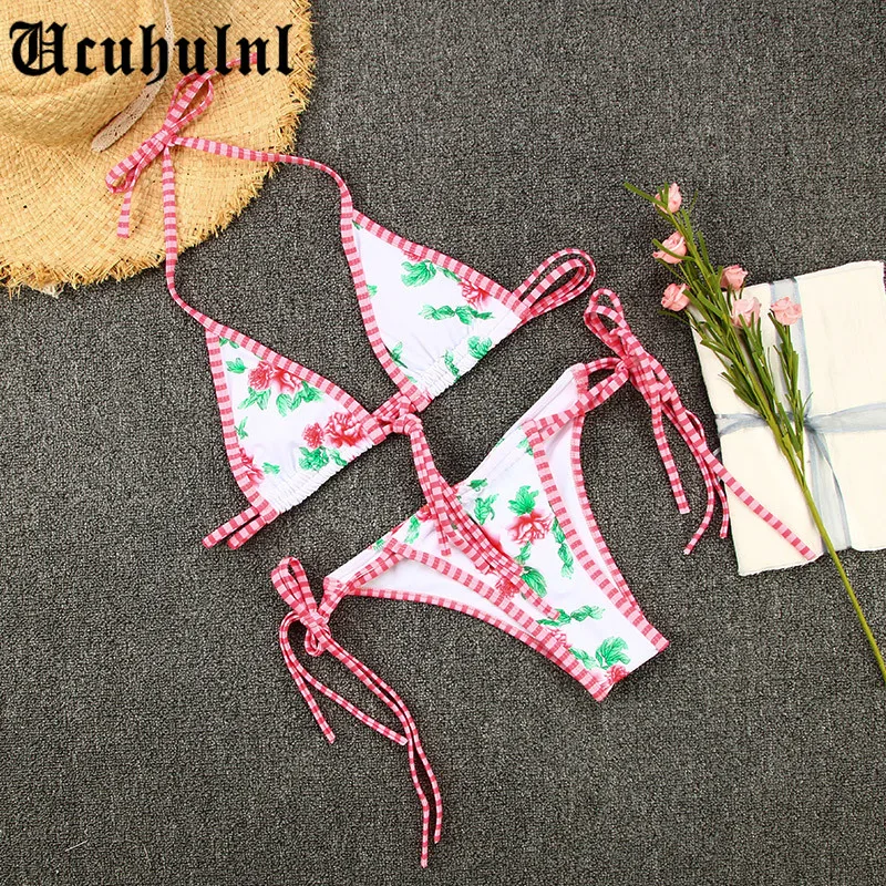 

Floral Print Bathing Suit Women 2021 Sexy Backless Triangle Bikini Bandage Push Up Bra Swimwear Lady Low Waist String Bikini Set