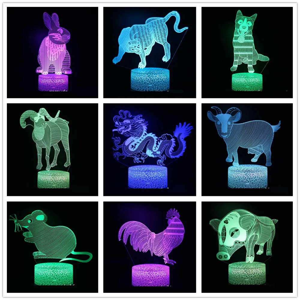 Китайский Зодиак 3D светодиодная лампа 7 цветов Изменение USB 3d светодиодный светильник для ребенка спящий ночной Светильник детский праздничный подарок для подруги