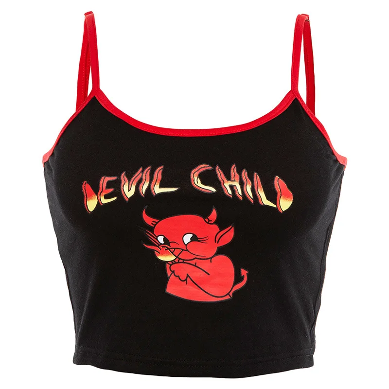 

Backless Slim Camisole Top Women Summer Streetwear Ladies Sexy Demon Print Spaghetti Straps Patchwork Crop Top Female Vest