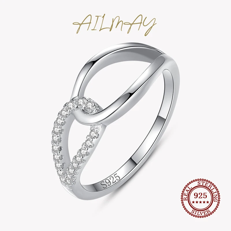 

Ailmay Genuine 925 Sterling Silver Geometric Design Ring Classic Clear Zirconia Finger Rings Fine Female Fashion Jewelry