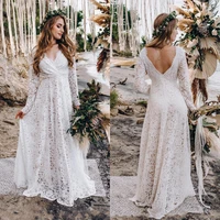 full lace boho wedding dresses 2022 long sleeve v neck open back beach bridal gown bohemia country bride dress vestidos de noiva