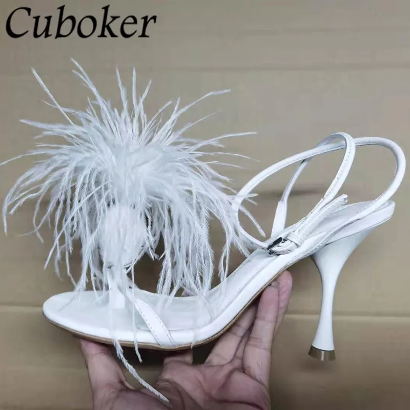 

Feather Sandals High Heel Shoes Summer 2022 Buckle Strap Flip-flops Sandalias Mujer Sexy Party Stiletto Woman Luxury Shoes Femme