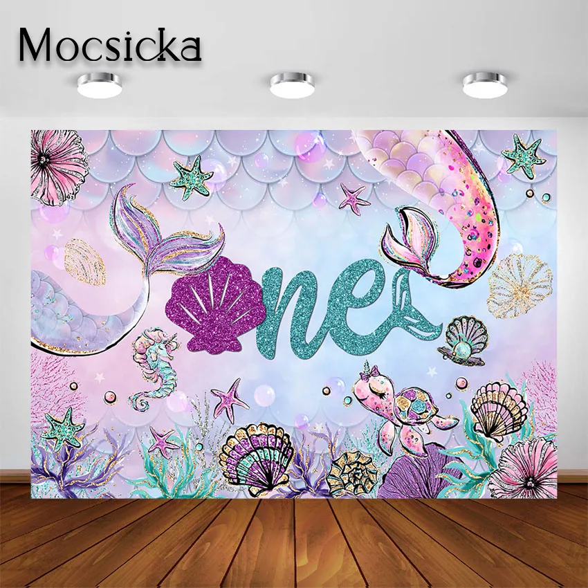 

Mocsicka Mermaid Birthday Party Backdrop for Girl 1st Baby Mermaid Tail Birthday Party Decoration Photo Background for Shooting