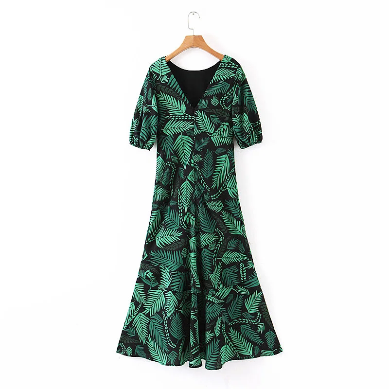 Za 2019 модное женское платье миди с принтом зеленых листьев шифоновое сексуальное