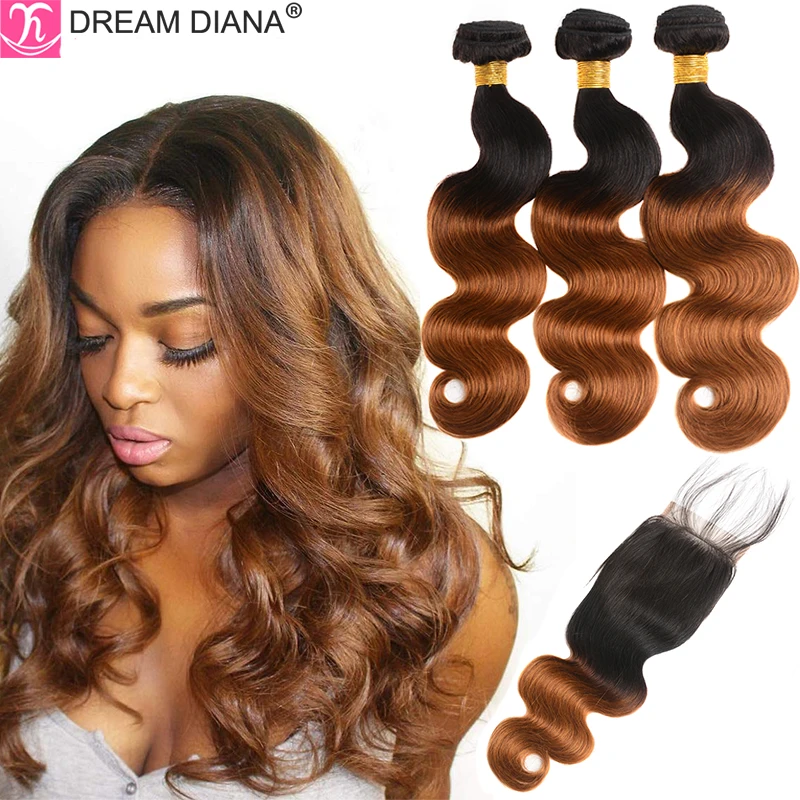 DreamDiana Brazilian Body Wave With Closure 4Pcs Ombre Body Wave Bundles With Closure 2 Tone Ombre Remy Hair Bundles And Closure