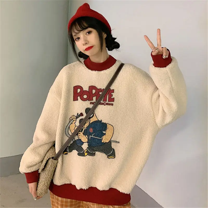 

Fleece Warm Sweet Sweatshirts Pullovers Schoolgirl Cute Clothes Autumn Winter Korea Cartoon O Neck Sweatshirt Women Fashion Top