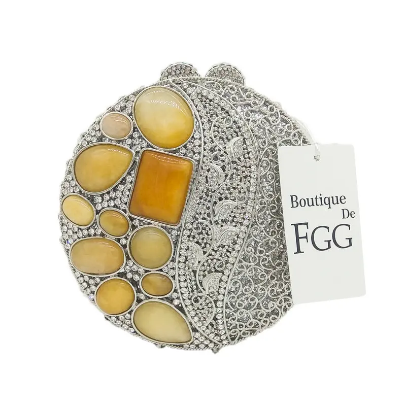 

Boutique De FGG Dazzling Round Crystal & Carnelian Agate Women Evening Clutches Bag Cocktail Wedding Clutch Shoulder Handbag