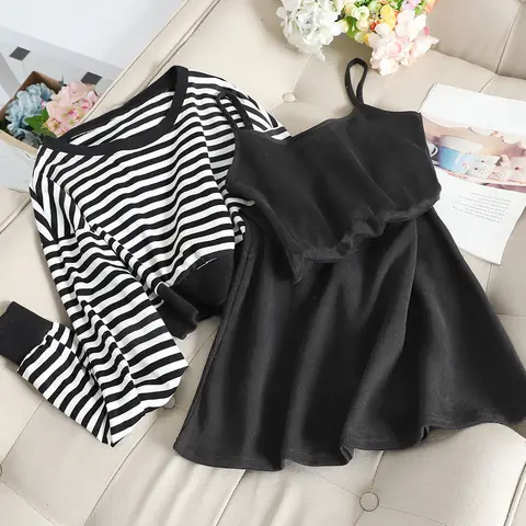Women Sets Striped O-neck Cropped Hoodies Streetwear Elegant Fashion Korean Style Midi Vestidos Sexy Sleeveless Dress Woman Set