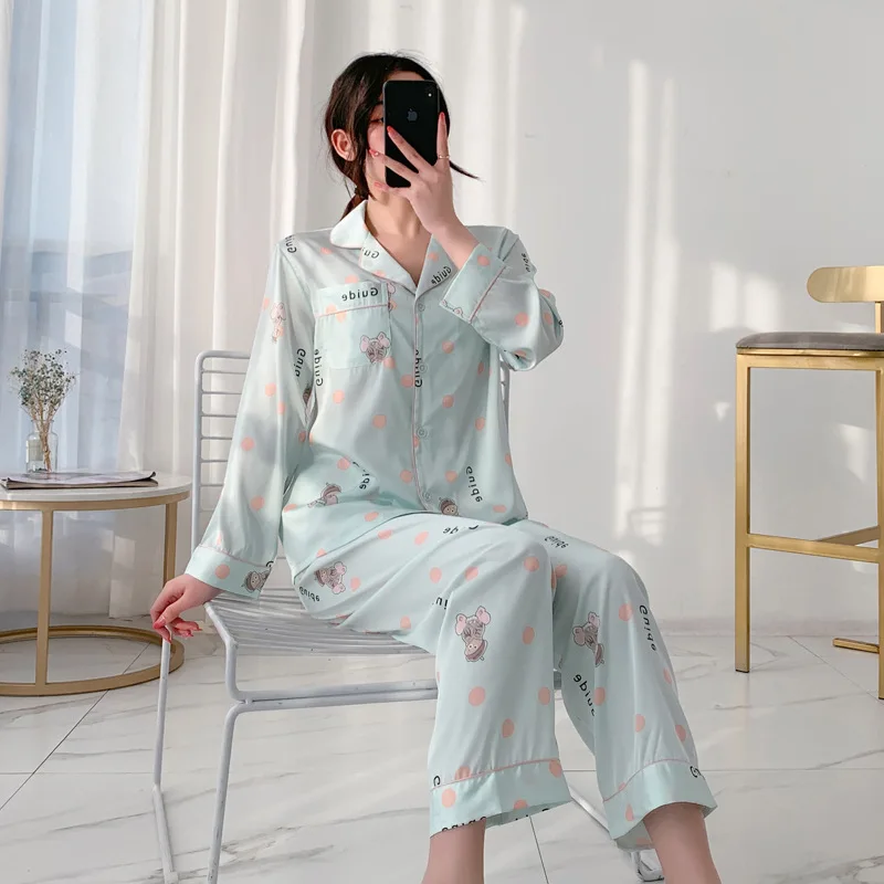 Long Sleeve Pajamas Autumn Trousers Suit Fashion Pyjama Set Large Size Nightwear Home Service House Nightdress Costume Outfit