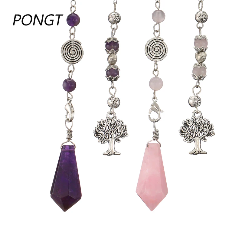 

Reiki Natural Stone Healing Cone Crystal Pendulum Pendant Hexagonal Pendulums Tree of Life chain for Men Women Jewelry