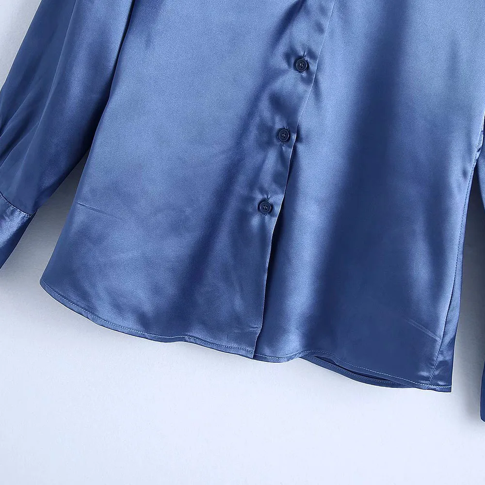 

2021 spring new women's fashion all-match solid color long-sleeved lapel single-breasted silk satin texture cardigan shirt