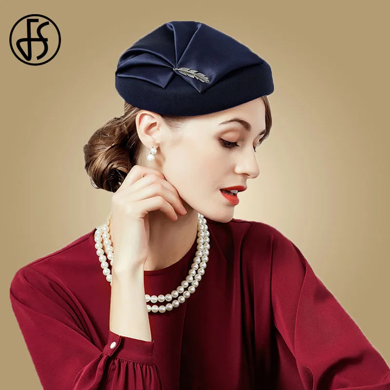 Blue Pillbox Hat FS женские синие шляпы для свадьбы красные Шерсть Войлок с цветком Pillbox вуалетки женские элегантные церковные шляпы «Fedora» Sombreros - Цвет: Blue Pillbox Hat