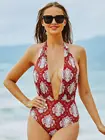Сексуальный слитный женский купальник с глубоким вырезом, купальник с лямкой на шее и открытой спиной, бразильское боди, красные пляжные купальные костюмы в старинном стиле 2022