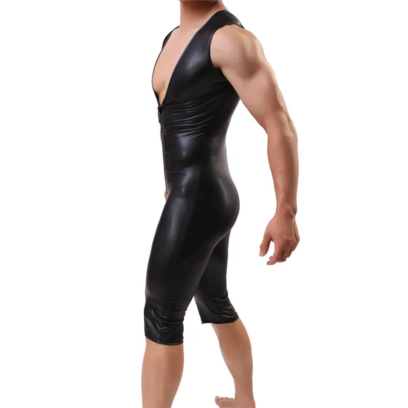 PU Leather Men Undershirts Catsuits Zipper Jumpsuits Bodysuits Wrestling Singlet Leotard Black Wet Look Stage Dance Clubwear