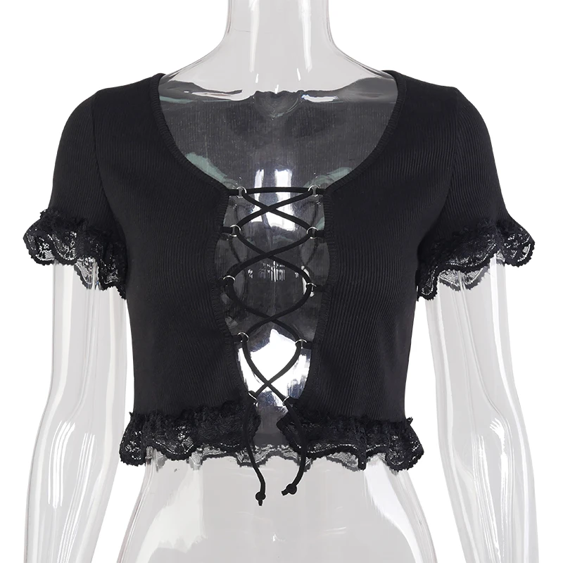 

Ucnye casual solid color splice lace short sleeve crop tops gothic women sexy knitting lace up hollow out short T shirt tank top