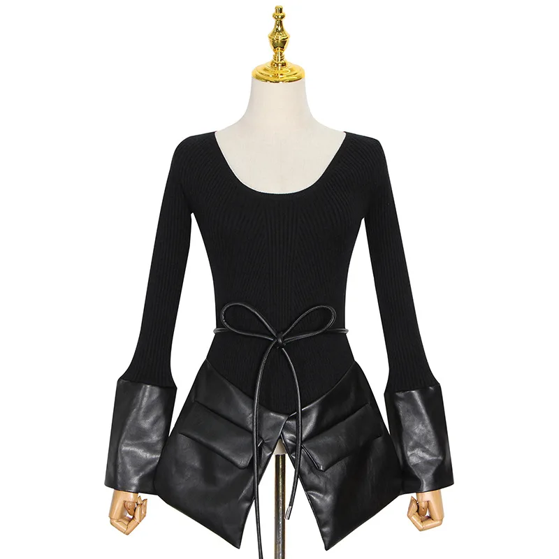 

Leather stitching suit dress lace-up fashion waist slim round neck sweater women