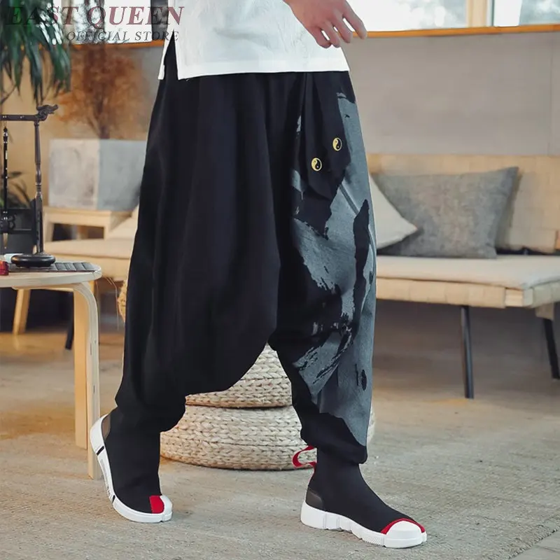 Шаровары в китайском стиле винтажные свободные штаны с перекрестными полосками