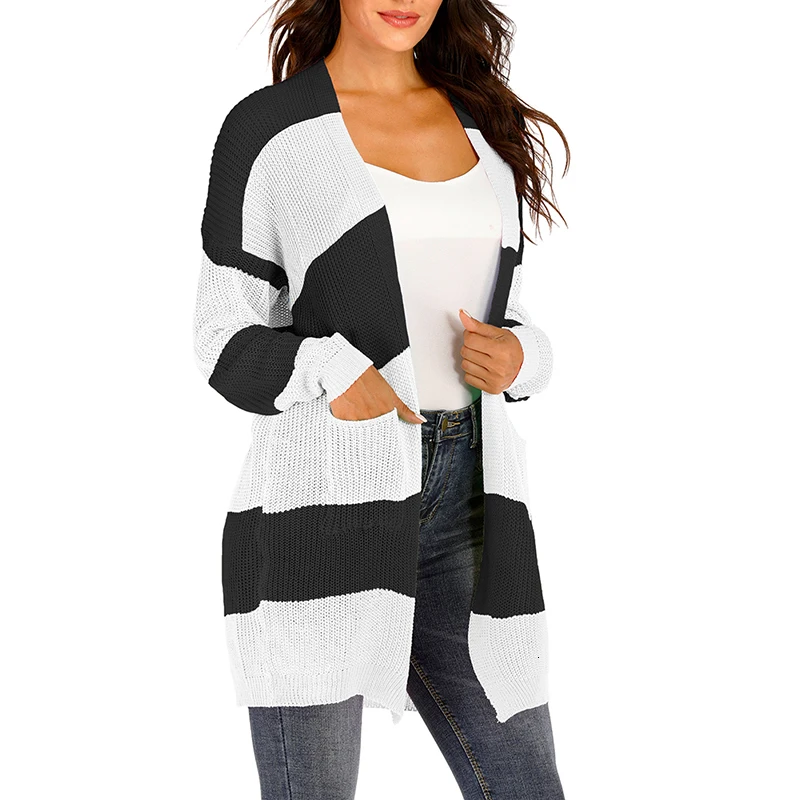 Knit Cardigan Vintage Women's Long Striped Sweater Casual Loose Black and White XL M-3XL |