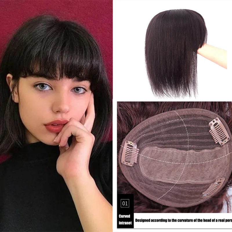Human Remy Hair Clip BrownTop Hair Pieces Replacement Extentions Toppers Hairpieces With Bang for White Women Silk Base Hair