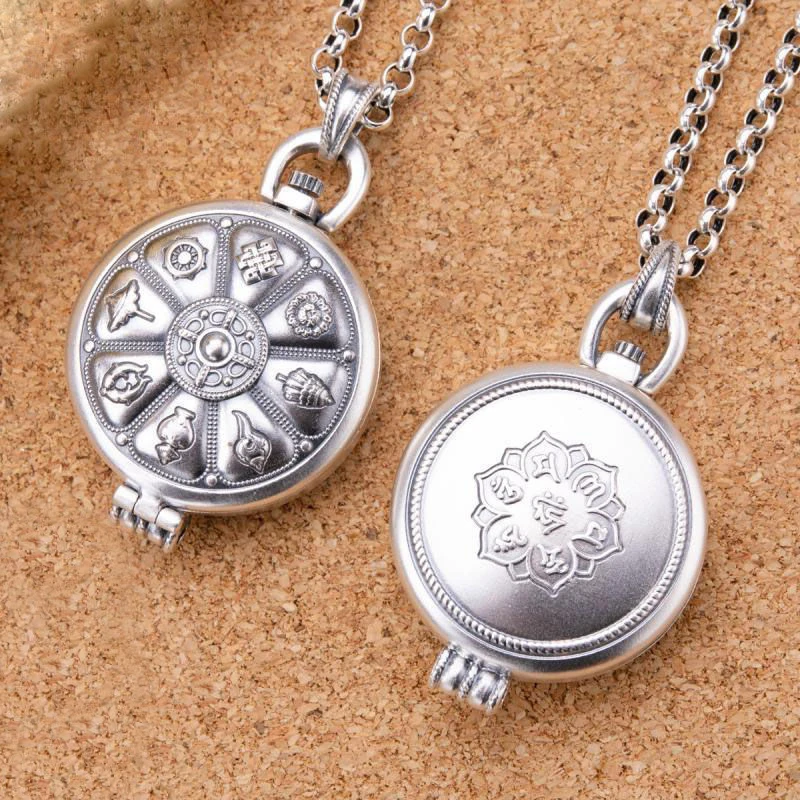 

New Retro Silver Necklace Eight Treasure Lotus Six-character Mantra Openable Pendant Sweater Chain Jewelry Accessories