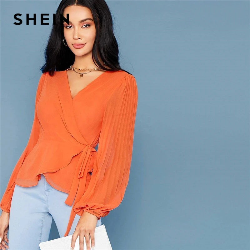 Ярко оранжевая блузка SHEIN с глубоким V образным вырезом и боковым поясом женские