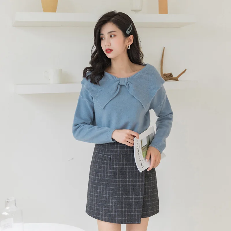 

Real shot 2020 autumn bow Lapel sweater Korean loose Pullover solid color long sleeve sweater female